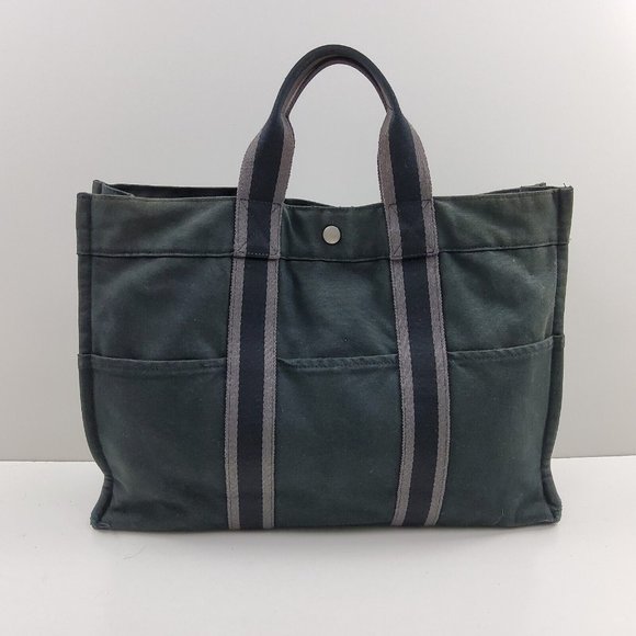 Hermes Fourre Tout Canvas Tote Bag Handbag Satchel Black Grey - Picture 3 of 16